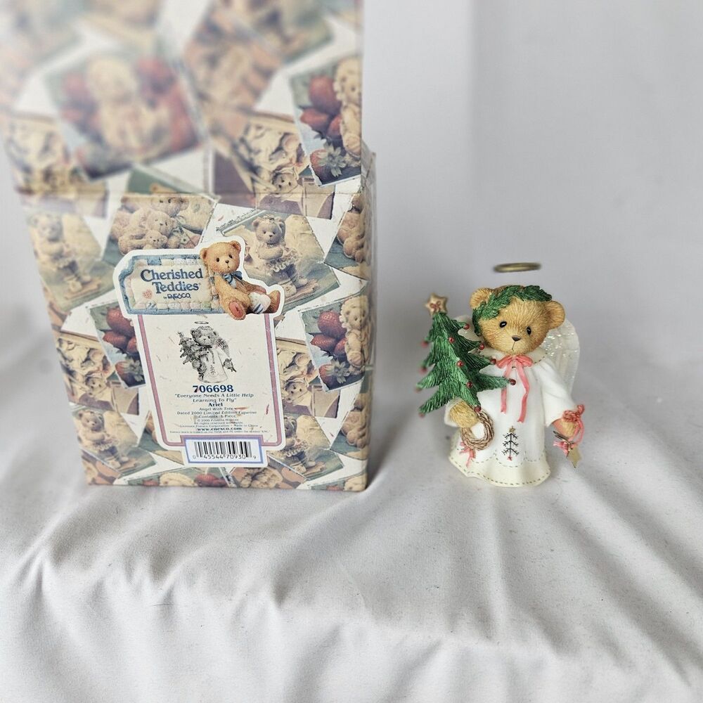 Vintage Enesco Christmas Tree Ariel Winged Angel Teddy Bear Figurine 706698 &Box